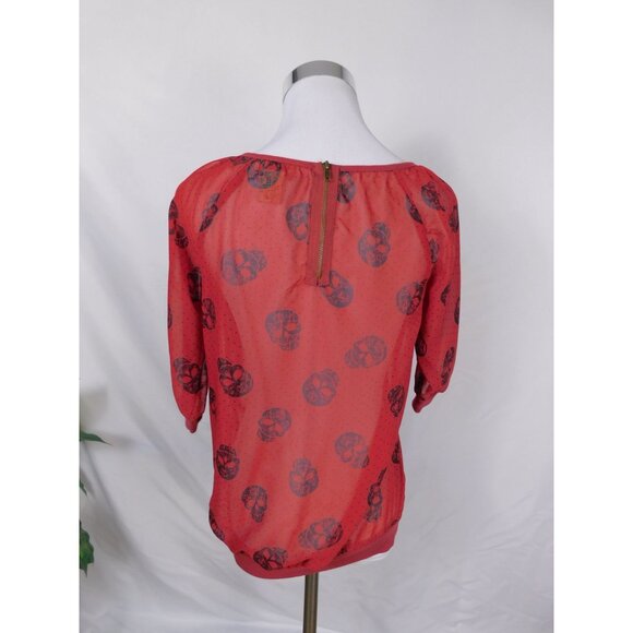 Red Semi-Sheer Skull Print Blouse Womens S Back Zipper & 3/4 Sleeves - Picture 2 of 12